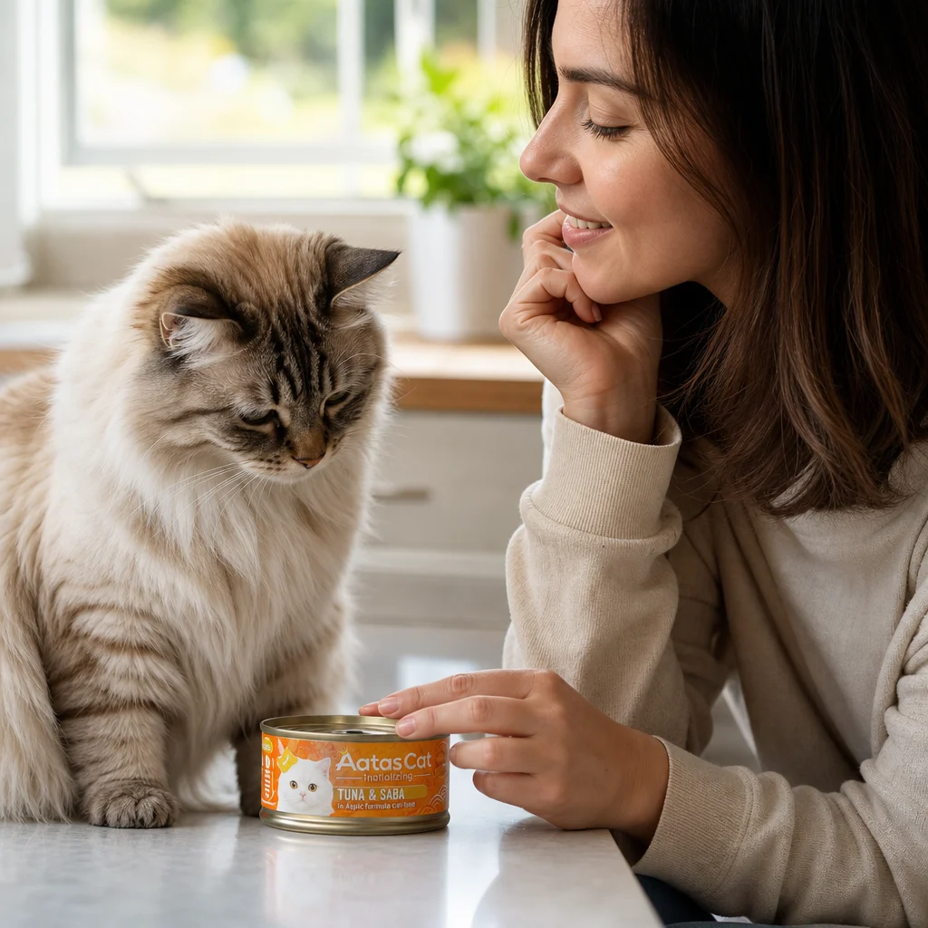 Cat with a pack of wet food