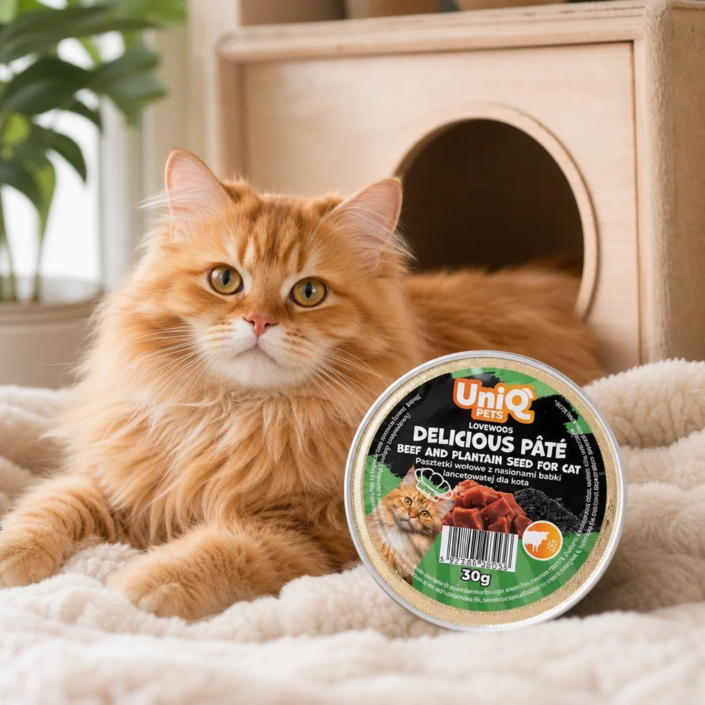 Indoor cat with a pate pack