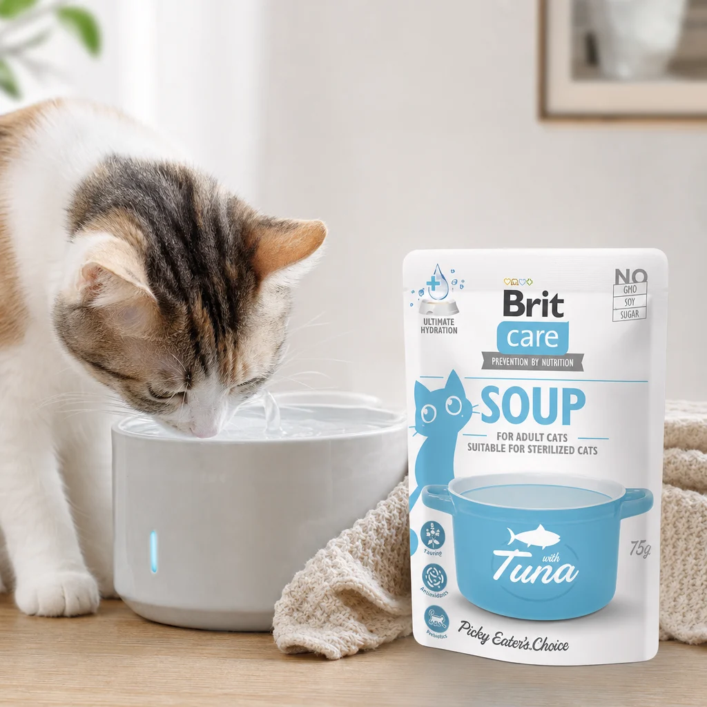cat with soup package at a drinking station