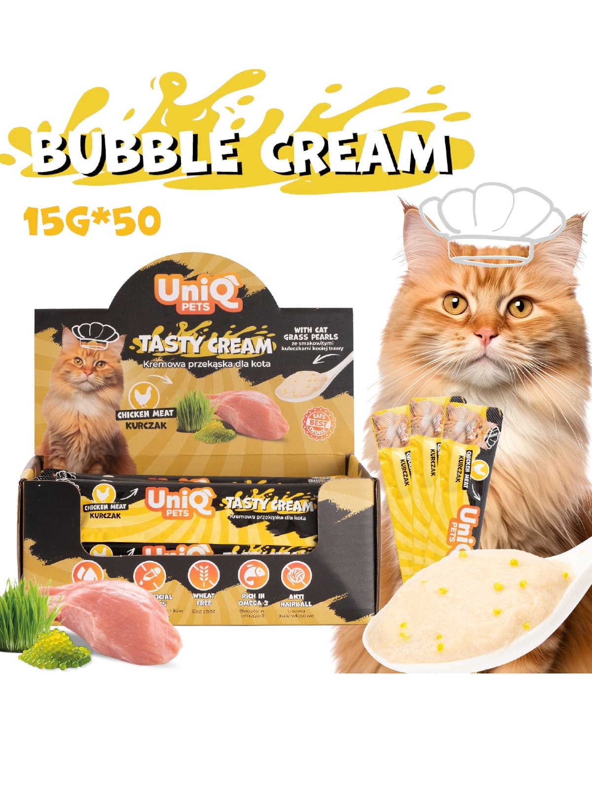 Uniq PetsBubble Cream – kreemjas kana ja kassirohuga maius kassidele, 15 g × 50 tk