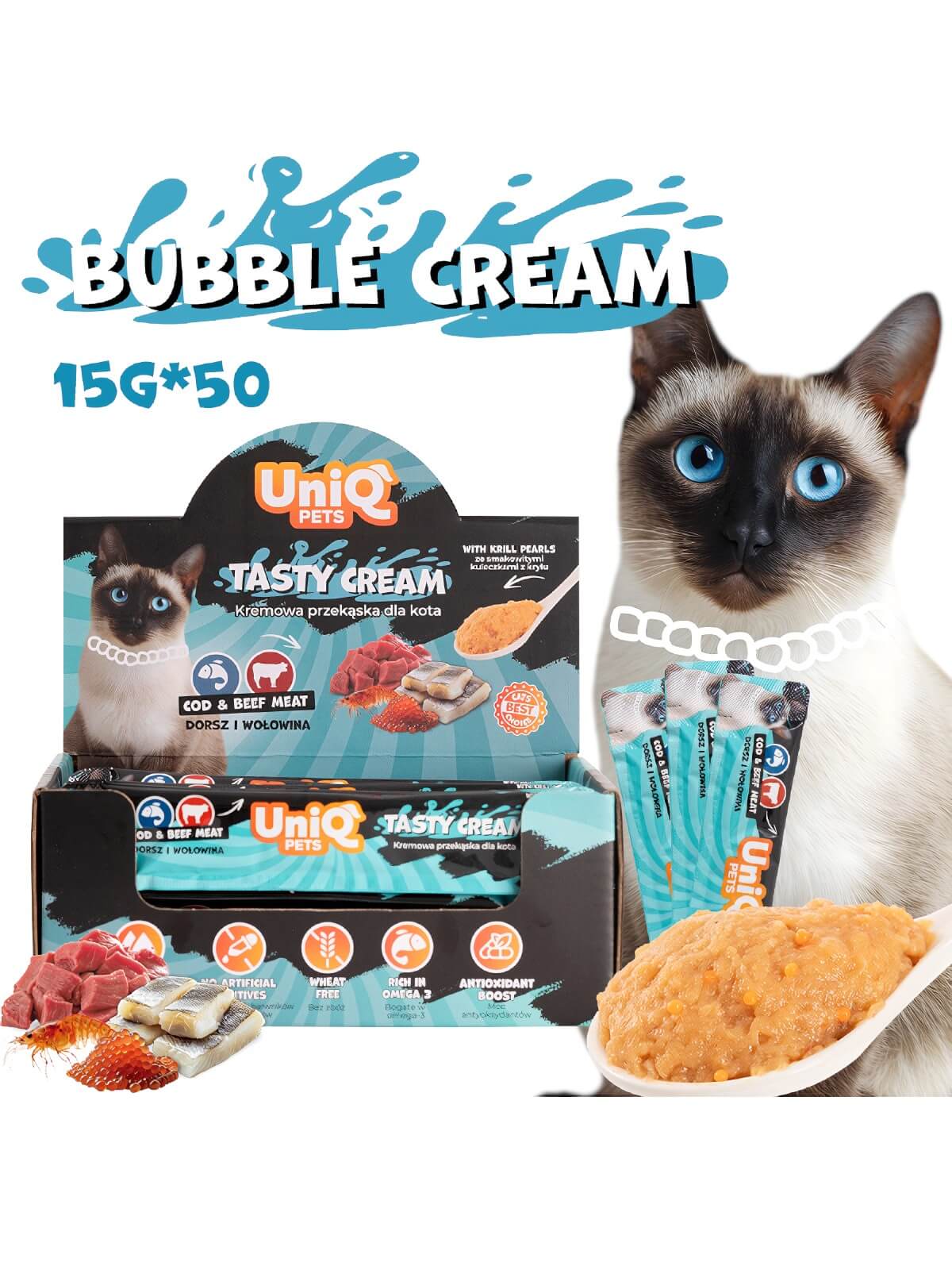 Uniq Pets BubbleCream tursa, veise, kana ja krilliõliga, 15g x 50tk