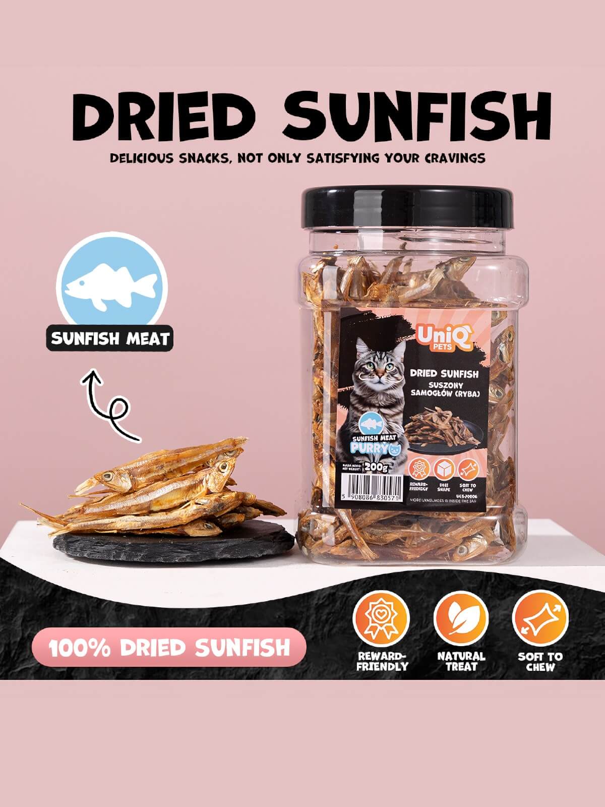 Uniq Pets Purry kuivatatud kala purgis, 200g
